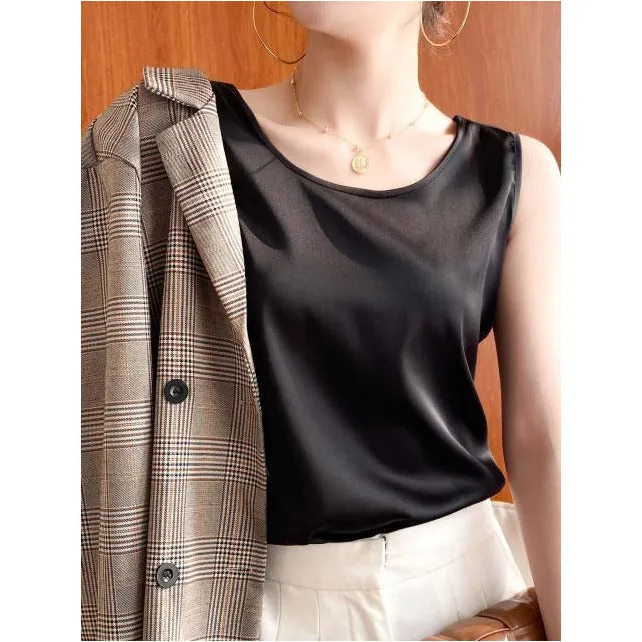 Summer Shiny O Neck Women Satin Silk Harajuku T Shirt Sleeveless Fashion Real Silk Woman Tops Casual Female Luxury Sexy